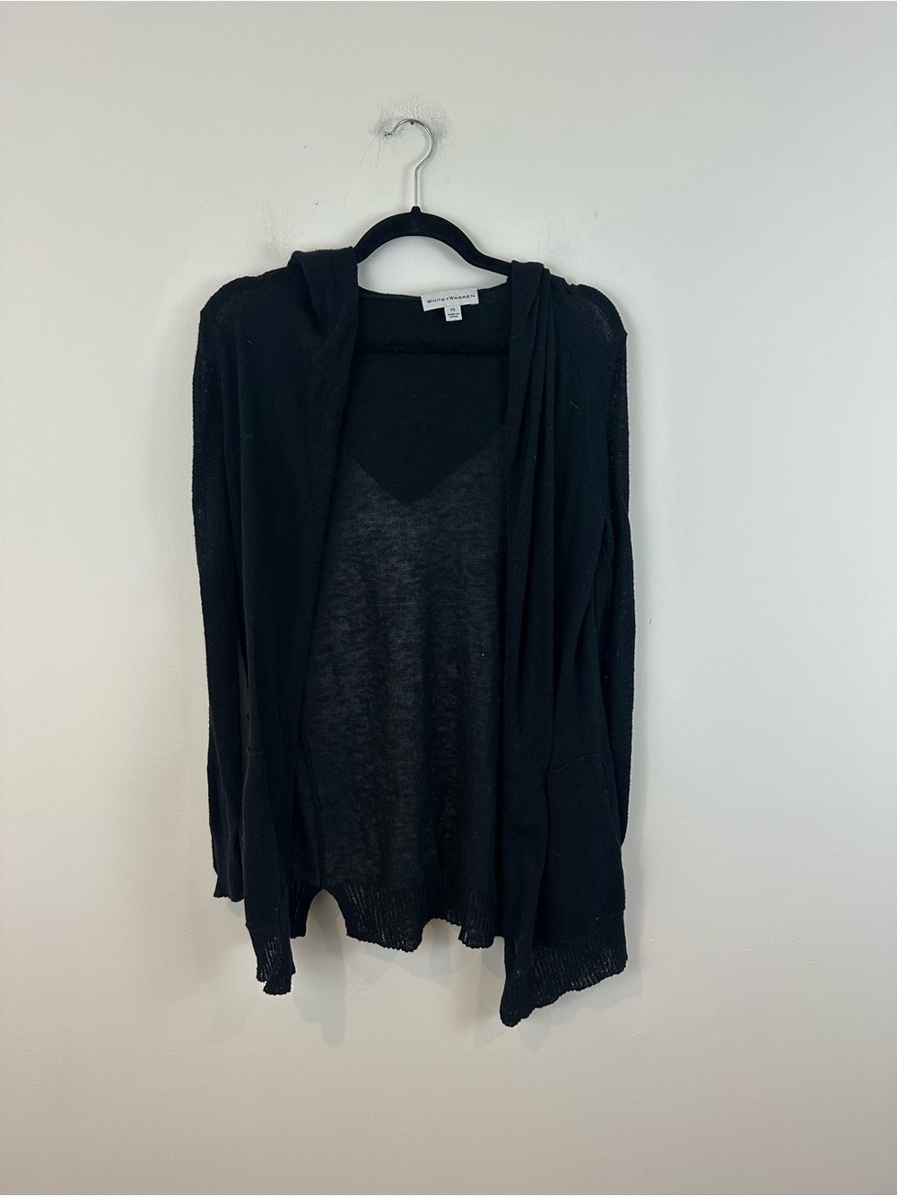 White + Warren Lightweight Black Hooded Open Cardigan Sweater Linen Cotton Sz XS